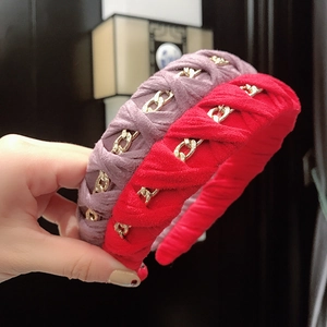 Vintage wide velvet headband with metal chain weave in purple and red colors