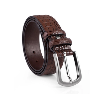 Brown crocodile embossed leather belt with a polished silver pin buckle for men