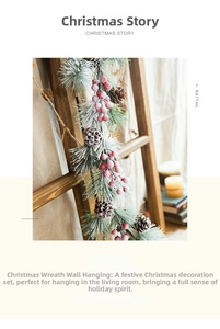 Detail of snowy Christmas garland with red berries and pinecones on a rustic wooden ladder