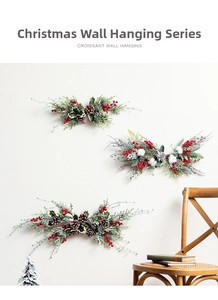 Detail of Christmas wall hanging with pine needles, red berries, and natural pine cones