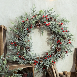 Christmas Wreath Artificial Pine Needles Pine Cones Red Berries Snowy Frost Front Door Wall Hanging Nordic Festive Decor