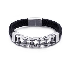 Bracelet pour hommes en cuir tressé noir avec chaîne en acier et fermoir magnétique