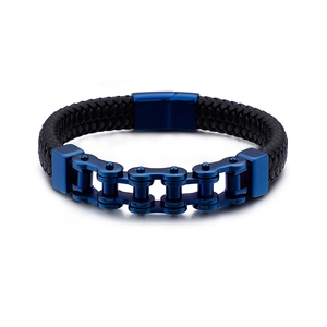Bracelet chaîne de moto en acier inoxydable pour homme avec cuir tressé noir et fermoir aimanté