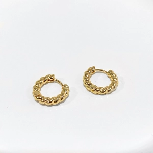 Elegant gold twisted rope hoop earrings with a polished finish on white background