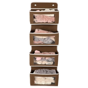 Brown wall-mounted 4-tier hanging storage bag with clear windows for toy organization