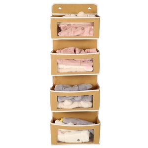 Detail of 4-tier hanging storage organizer with clear windows and metal eyelets