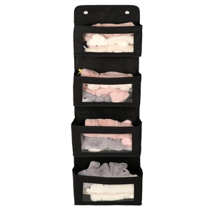 Detail of a 4-tier black wall hanging organizer with clear windows and metal hooks