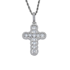 Silver cross pendant necklace with clear cubic zirconia on a twisted rope chain
