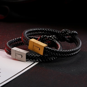 Double-layered braided leather bracelet with adjustable magnetic stainless steel clasps