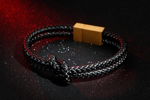 Macro detail of braided leather bracelet with gold magnetic stainless steel clasp