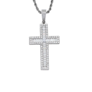 Hip hop silver cross pendant necklace with cubic zirconia stones on twist rope chain