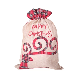 Christmas burlap gift bag with reindeer antlers and red plaid drawstring closure