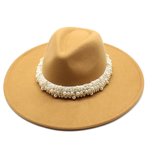 Elegant khaki wool fedora hat for women with 9.5cm wide brim and luxury pearl band