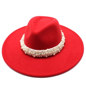 Red wool wide brim fedora hat for men and women featuring a luxury white pearl band decoration