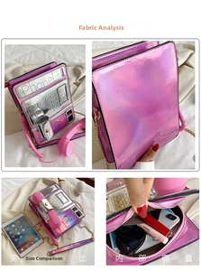 Detailed views of creative holographic phone-shaped crossbody bag with internal storage space