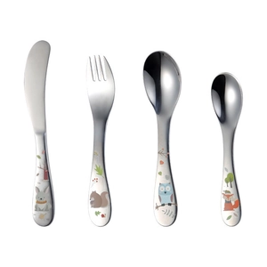 4-piece stainless steel kids cutlery set with cute forest animal cartoon patterns