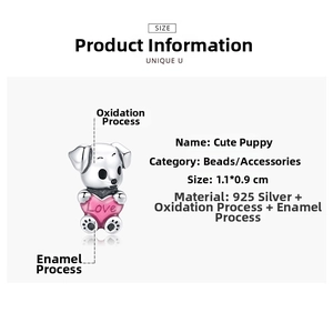 Detail of 925 sterling silver puppy charm with pink enamel heart and Love engraving