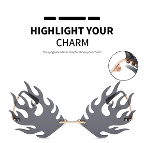 Detail of fire flame rimless sunglasses with metal hinges and smoke grey lenses