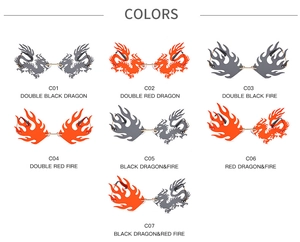 Detailed grid of frameless dragon and fire sunglasses in various vibrant color schemes