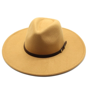 Detail of wool fedora hat with 9.5cm wide brim featuring leather band and metal studs