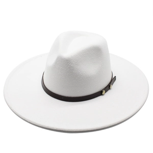 Classic white wool fedora hat with brown leather band and gold metal rivets for unisex
