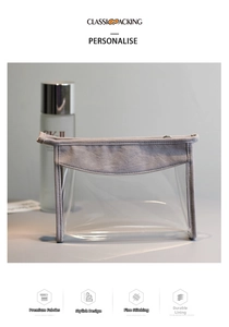 Macro detail of transparent PVC travel toiletry bag with gray fabric trim and zipper closure