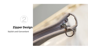 Detail of velvet pouch showing smooth ring zipper head and stylish metal closure design