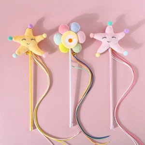 Cat Teaser Wand Toy Plush Star Flower Shape Interactive Fairy Stick With Bell And Colorful Ribbon For Kittens