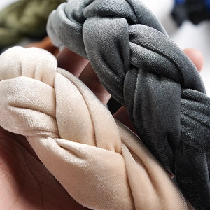 Padded braided velvet headband set in beige and charcoal grey with thick twisted texture