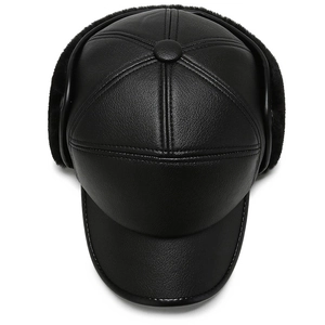 Winter faux leather baseball cap for men with warm ear flaps and thick fleece lining