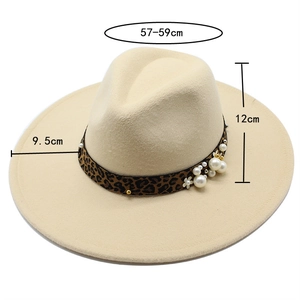 Wide Brim Fedora Hat Woolen Felt Leopard Band Artificial Pearl Flower Decor Elegant Retro Jazz Cap