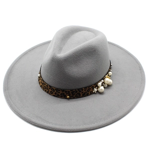 Detail of grey wool fedora featuring leopard band with pearl and floral embellishments