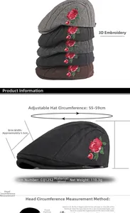 Détails de la casquette plate en laine brodée avec taille réglable 55-59 cm et mesures