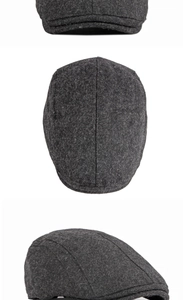 Trois vues montrant la texture et les coutures de la casquette plate en laine gris foncé