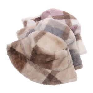 Set of plush plaid bucket hats in various soft neutral and pastel colors for winter