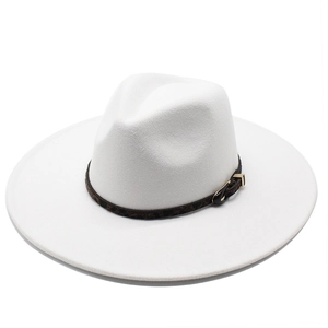 Detail of white wool fedora hat featuring leopard print band and golden metal buckle