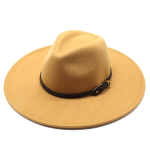 Detail of camel wool fedora with 9.5cm wide brim and leopard print buckle band