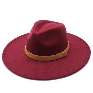 Classic burgundy wide brim wool fedora hat with brown faux leather band and metal stud
