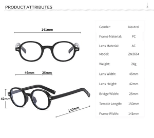 Detailed size specifications for black round retro frame glasses with PC material and AC lenses