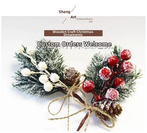 Detail of pine needles with artificial snow, red berries, and natural pinecones with hemp rope