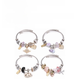 Detailed view of four stainless steel charm bracelets with star, horse and flower charms