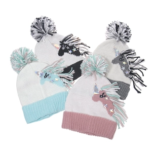 Bonnet En Tricot Licorne Avec Pompon Corne Holographique Broderie Chaud Hiver Acrylique Pour Femmes Et Ados