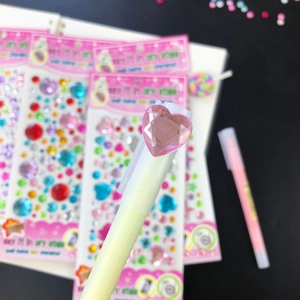 Cartoon 3D heart gemstone stickers set with matching cream-colored princess stationery pen