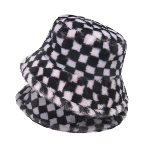 Checkerboard Plush Bucket Hat Faux Fur Winter Warm Outdoor Fashionable Vintage For Women