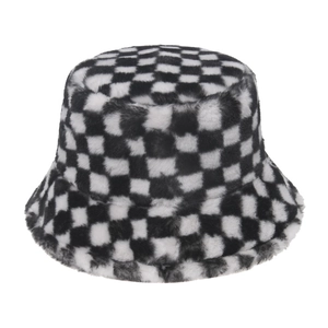 Women's winter plush bucket hat with classic black and white checkerboard pattern