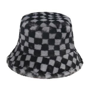 Women's winter checkered faux fur bucket hat with warm plush finish and black white grid