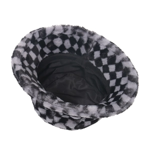 Winter women's fuzzy bucket hat with black and white checkerboard plush pattern