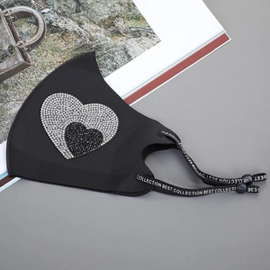 Detail of black ice silk mask featuring a sparkling rhinestone heart pattern and printed straps