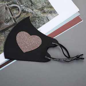 Breathable black ice silk sun protection mask featuring a sparkling rhinestone heart pattern