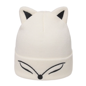 Winter white knit beanie with fox ears and cute facial embroidery for men and women